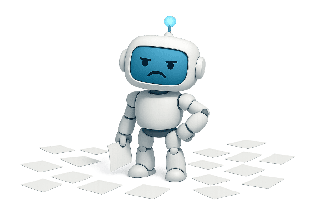 Frustrierter Roboter umgeben von Papierkram – komplizierte Vergleichsrechner