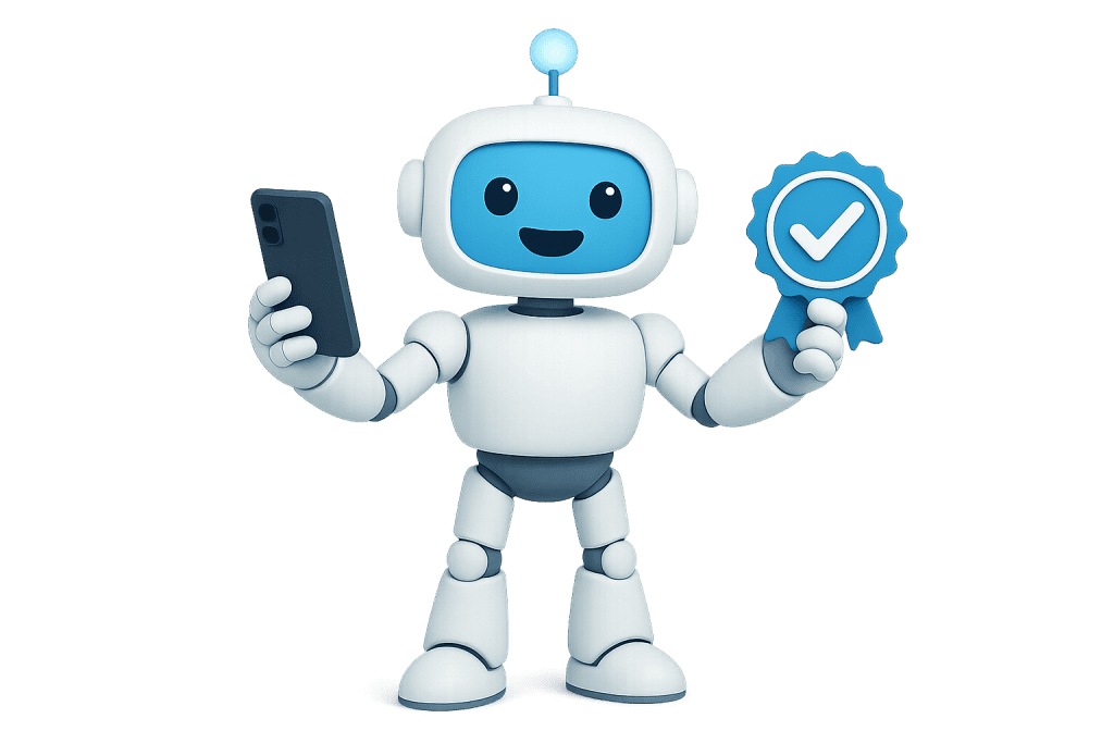 Fröhlicher Roboter mit Smartphone und Qualitätssiegel – SmileGPT macht es einfach
