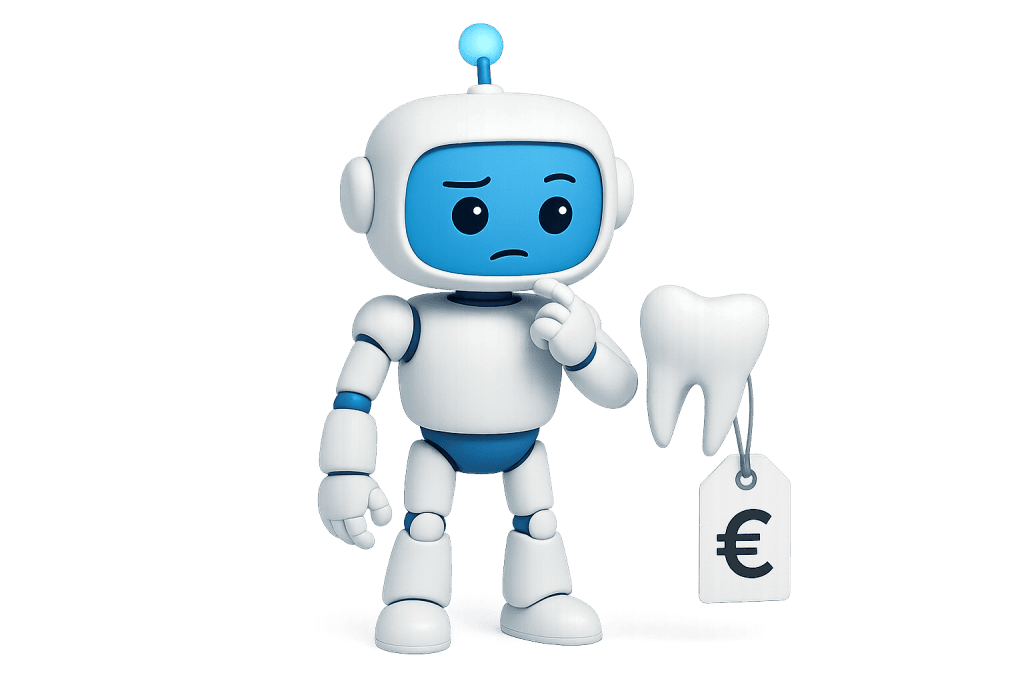Besorgter Roboter mit Zahn und Euro-Preisschild – hohe Zahnarztkosten ohne Zahnzusatzversicherung