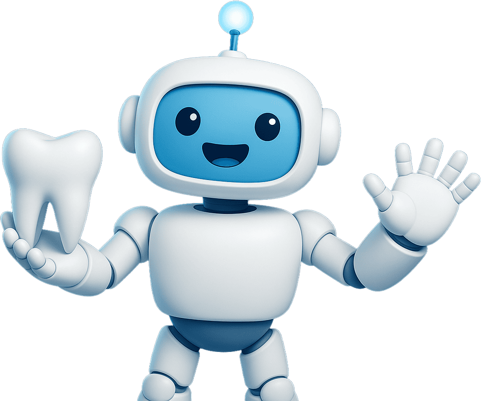 SmileGPT Roboter-Maskottchen hält einen Zahn und winkt freundlich